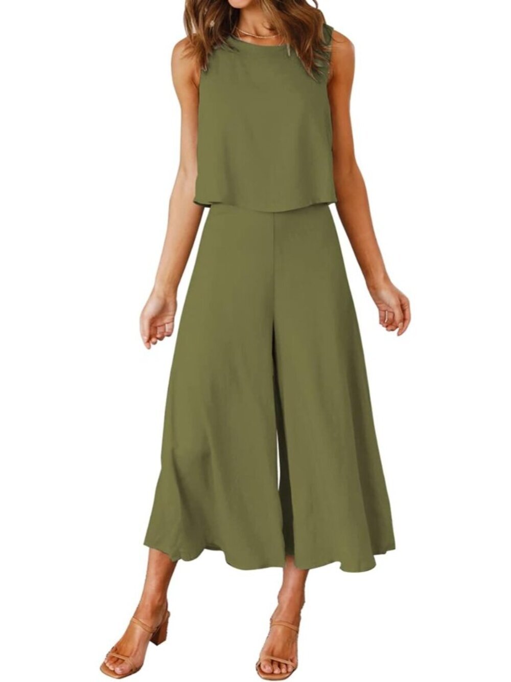 Women's Summer 2 Piece Olive Green Round Neck Crop Top Cropped Wide Leg Jumpsuit